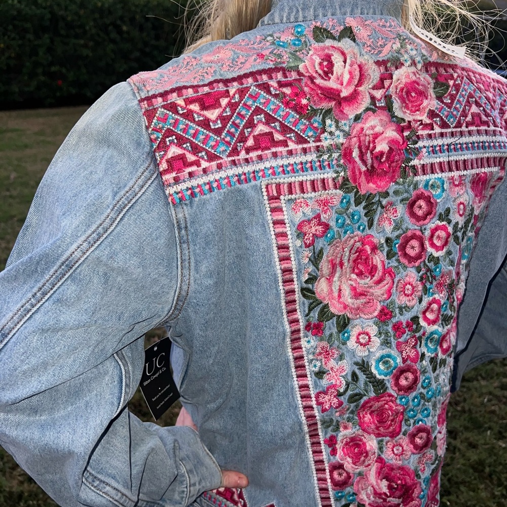Valentines 🩷 Vaycay Floral Embroidered Denim Jacket bright  blue hot pink NWT